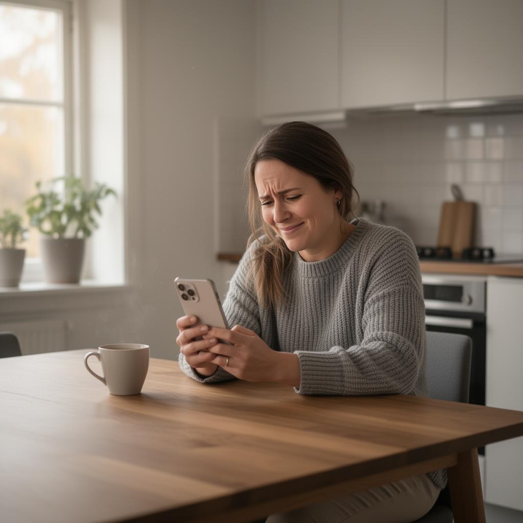 Kvinna som tittar lättad på sin telefon vid köksbordet